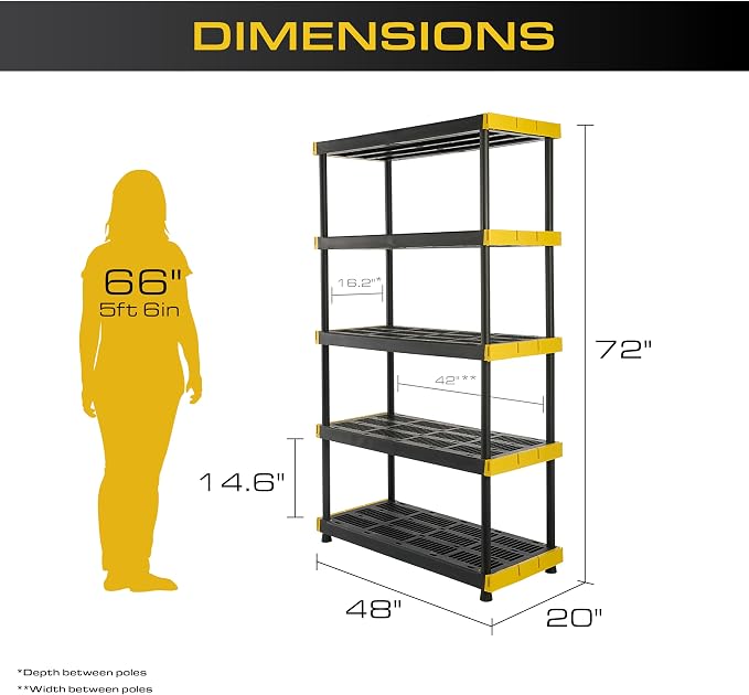 CX 5-Tier Heavy Duty Plastic Storage Shelves for Garage Organization | Freestanding garage utility rack with easy assembly, 5 shelves at 200lbs/Shelf, 72H x 48W x 20D, Black & Yellow, Made in USA