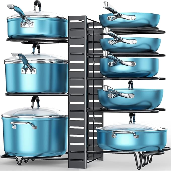 Pots and Pans Organizer Under Cabinet 16.6", 8-Tier Adjustable Rack | 3 DIY Modes, Tool-Free Assembly, Non-Slip, Fits Lightweight Cookware Up to 11", For Kitchen Cabinets, Shelves & Countertops