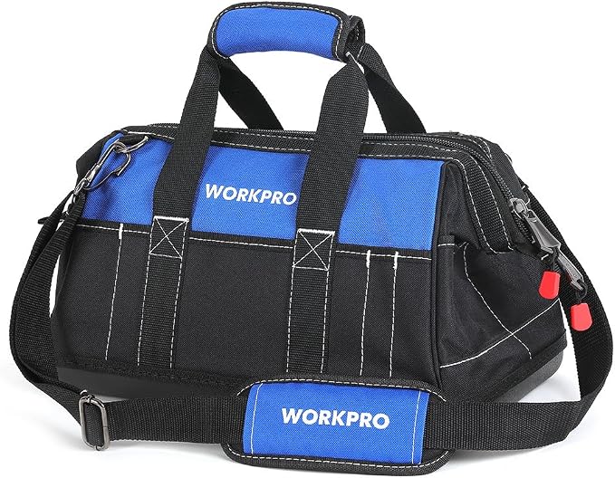WORKPRO 16-inch Wide Mouth Tool Bag with Water Proof Molded Base | Multi-Pocket, Heavy Duty Cloth, Adjustable Shoulder Strap, Double-pull Zipper, For Workshops, Outdoor Projects