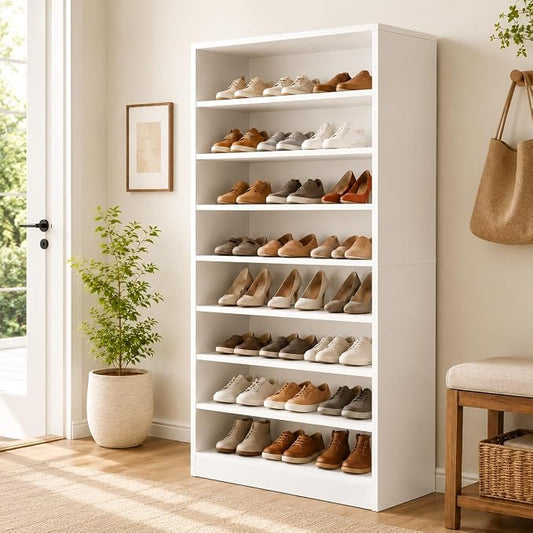 9-Tier Tall Shoe Rack Cabinet for Closet & Entryway, White | Wooden Narrow Shoe Organizer Cabinet with Adjustable Shelves, Freestanding, for Bedroom, Hallway