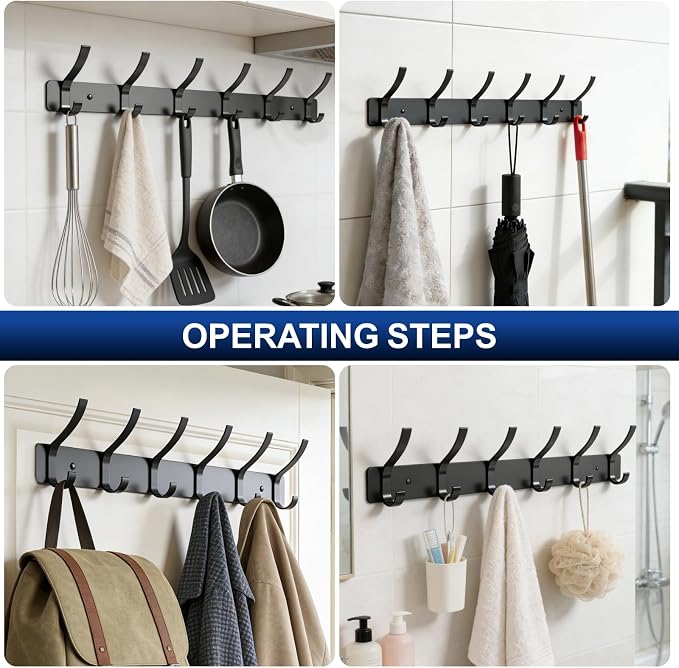 Wall Mounted Coat Rack, 6 Hooks for Hanging Clothes, Black, 2-Pack | Heavy duty rustproof hanger rail for backpacks hats towels, wall hook storage organizer for entryway bathroom mudroom purse