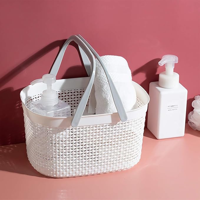 rejomiik Portable Plastic Shower Caddy Basket with Handles, White | Organizer Storage Tote Toiletry Bin for Bathroom, College Dorm Essentials, Kitchen, Camp, Gym