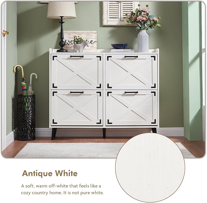 Barnyatoh Shoe Storage Cabinet,Farmhouse Shoe Organizer with 4 Flip Drawers & Barn Door Design,Freestanding Hidden Slim Narrow Shoe Rack Cabinet for Entryway,Foyer,Hallway,Antique White