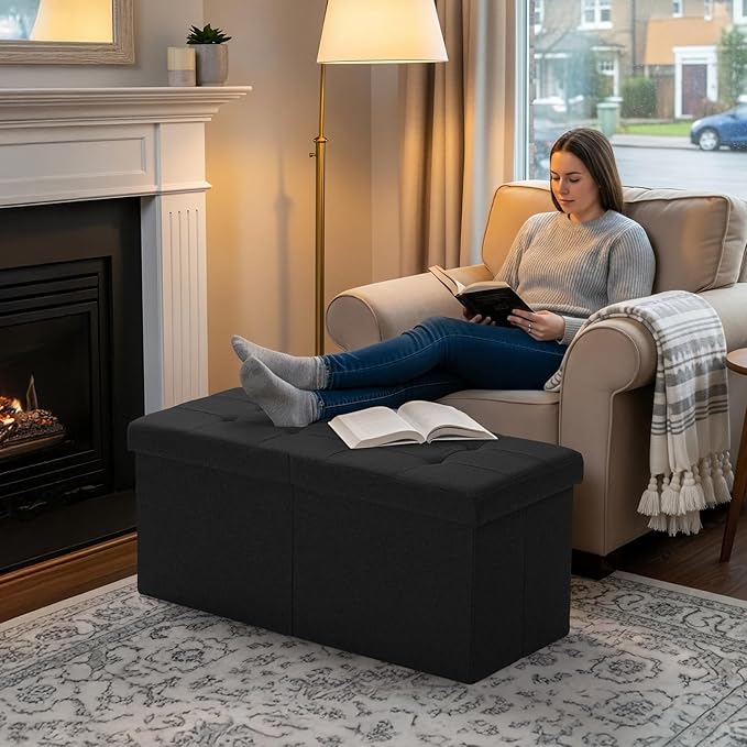 30-INCH Ottoman with Storage, Footrest Storage Bench, End of Bed Bench Coffee Table for Living Room, Bedroom, Entryway (Black)