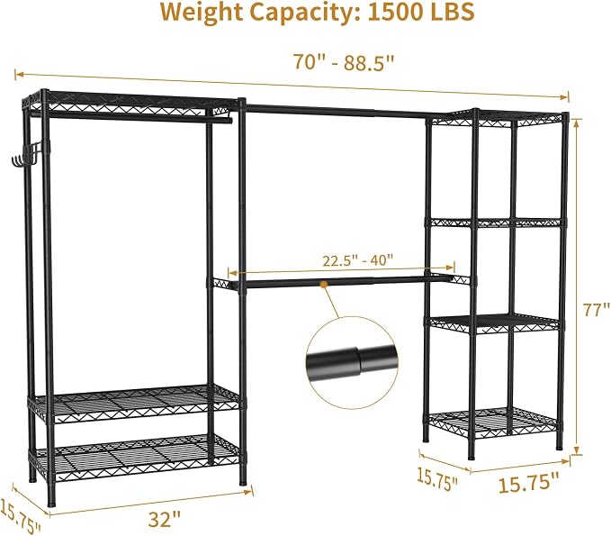 Golpart Heavy Duty Clothes Rack Metal Wardrobe with Adjustable Wire Shelves | Closet Organizers and Storage Clothing Rack Metal System Freestanding Hanging Clothes System Free Standing Garment Coat Racks