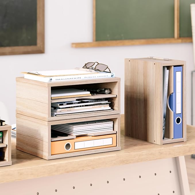 Ballucci 2-Tier Wooden Desk Organizer, Office Desk Organization, Mail Sorter, Paper Tray, File Folder Holder, Desktop Paper Organizer, Desk Organizers and Accessories, Natural Wood