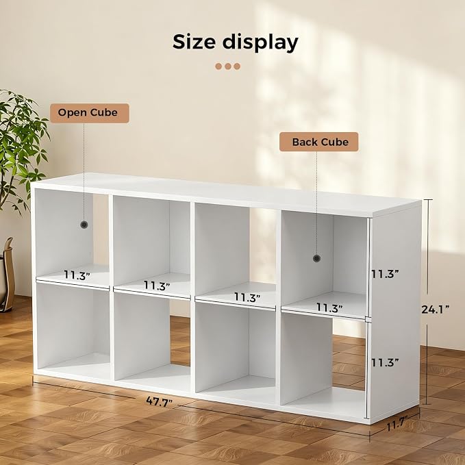 LUCKLIFE 8-Cube Storage Organizer, Stackable Modular Bookcase Shelf with Vertical or Horizontal Use, Fits 11×11" Bins, Optional Back Panels, for Living Room, Office, Off White