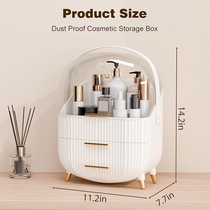 lurcns Makeup Organizers and Storage, Make up Organizer for Vanity Cosmetics Skincare Organizers With Lid and Drawers Display Cases for Countertop（White）