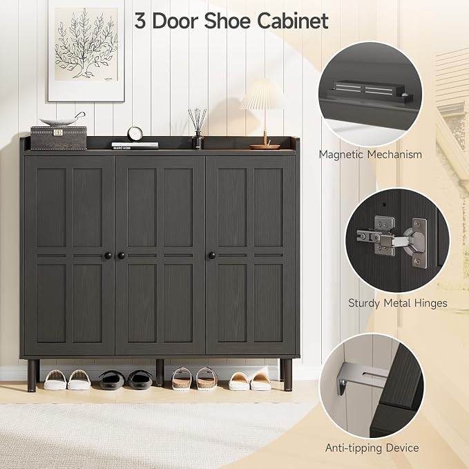 ONBRILL Shoe Cabinet with 3 Doors and Adjustable Shelves, 30 Pairs Shoe Storage Cabinet, 40 Inch Tall Farmhouse Shoe Rack Shoe Organizer Cabinet for Entryway Living Room Closet, Black