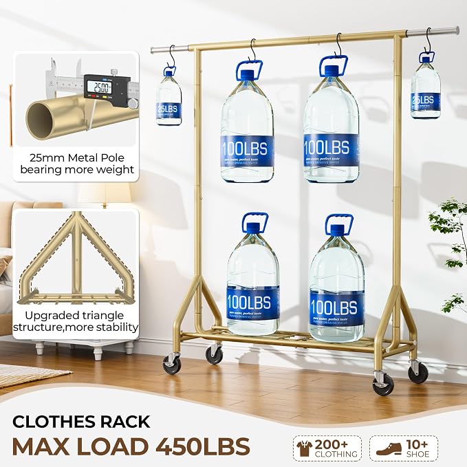 HYSEYY Heavy Duty Clothes Rack Load 450 LBS, Metal Garment Rack, Standing Rolling Clothing Rack for Hanging Clothes with Sturdy Wheels & Shelves, Portable Closet Wardrobe Rack,Gold