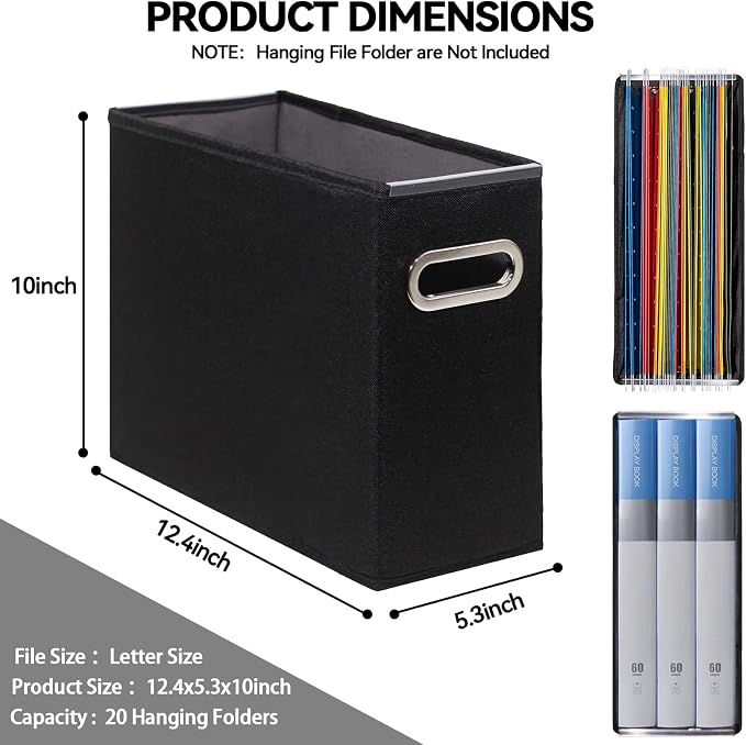 4 Pack Letter Size File Storage Box Collapsible, Fabric Hanging File Folders Organizer, Portable Office Document Holder with Metal Handle, Smooth PVC Rails, Black