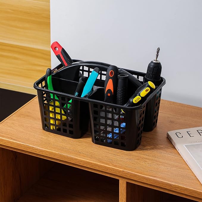 Portable Shower Caddy Basket Plastic Storage Basket with Compartments Black | Sturdy Large Capacity Cleaning Supplies Organizer Divided Tool Bin for Bathroom Kitchen Bedroom College Dorm Essentials