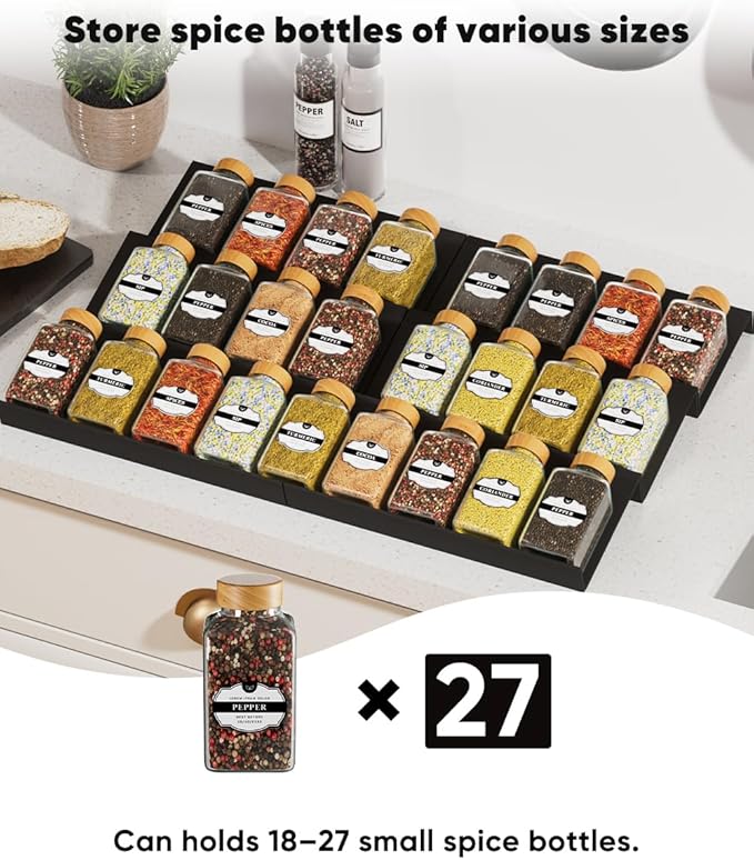 Spice Drawer Organizer, Spice Rack Tray for Kitchen Cabinet, Expandable Seasoning Storage Rack Insert for Drawer/Countertop,6 Pieces Set, Aluminum (Jars Not Included)