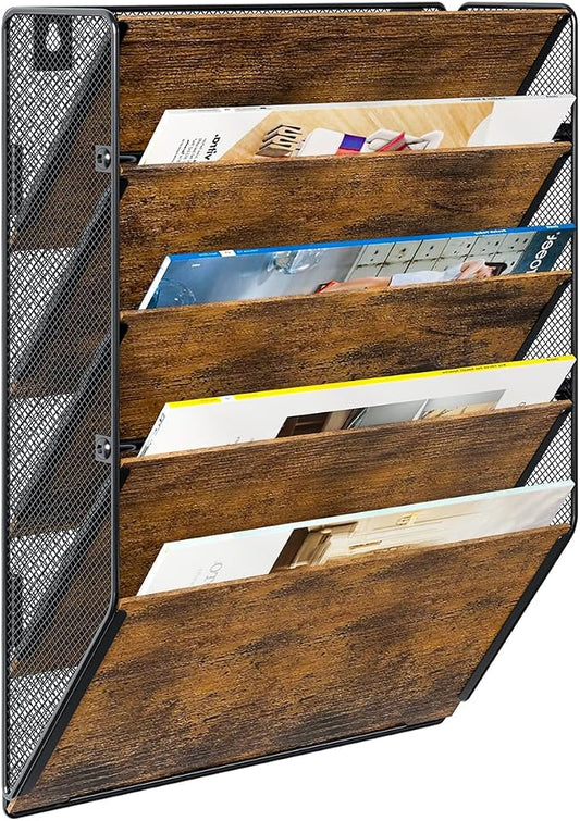 Wall File Organizer for Office, 5-Tier Rustic Hanging File holder Wall Storage Rack for Documents/Magazine/Literature/File Folders/Mails/Envelopes, Brown
