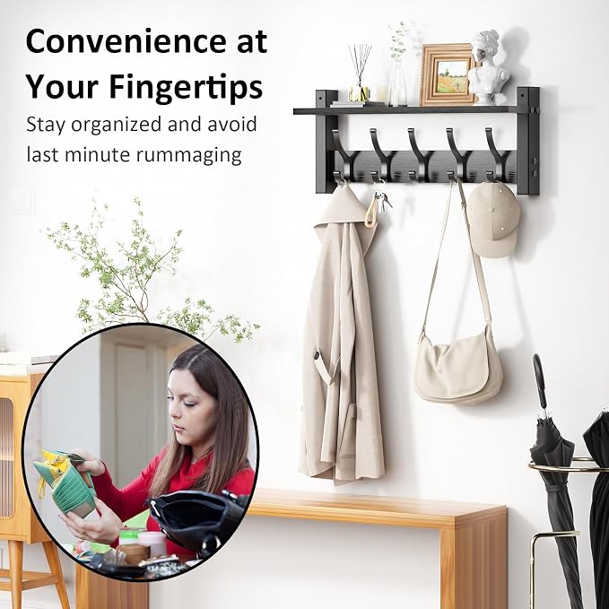 Optish Coat Rack Wall Mount with Shelf, 17.1 Inch Coat Hanger Walls Mounted, Hat Rack for Walls, Shelf with 5 Coat Hooks, Wall Hanger for Entryway (Black)