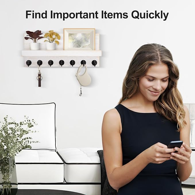 Lwenki Key Holder Wall Mount, Entryway Key and Mail Holder with 7 Sturdy Hooks for Sunglasses, Dog Leash, Decorative Wall Shelf with Mounting Hardware, 15”W x 6.7”H x 4.2”D