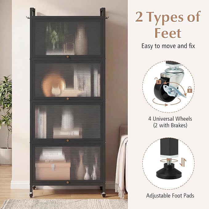Giantex 5-Tier Kitchen Storage Cabinet, Freestanding Metal Pantry Cabinet w/ 4 Flip-up PC Doors, 4 Hooks & Adjustable Feet, 60” Tall Bakers Rack Microwave Stand for Dining Room, Living Room, Black