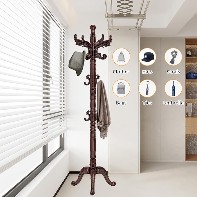 Snaikor Wooden Coat Rack Stand Sturdy Triangle Base, Natural Birch Wood Coat Racks Freestanding, Vintage Solid Wood Coat Tree Stand with 14 Hooks, Classic Sturdy Coat Racks Hall Tree for Entryway