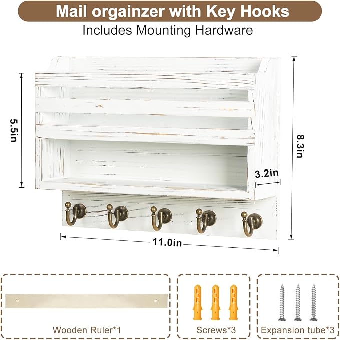 Key Holder Wall Mount with Mail Organizer, 5 Key Hooks, White | Wood Mail Organizer Wall Mounted with 5 Key Hooks & Storage Box and Mail Organizer for Entryway, Apartment, Home and Office