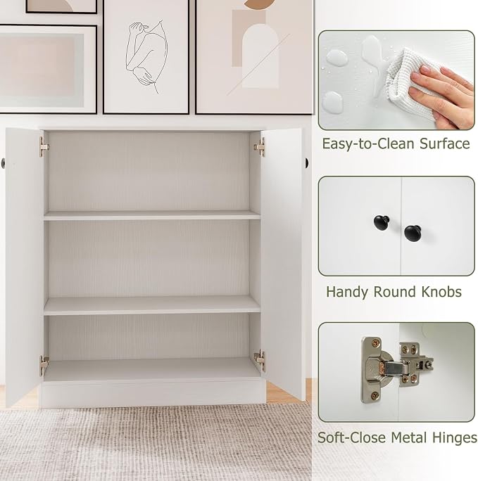 Giantex 2 Door Storage Base Cabinet (White) | 3-Tier Base Cabinet with Non-Slip Foot Pads, Kitchen Cupboard Storage Organizer for Living Room, Hallway, Entryway, Office