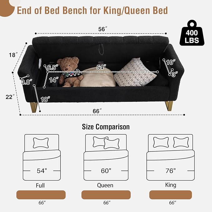 66" Storage Bench for Bedroom Upholstered End of Bed Bench King Size Black | Long Bedroom Benches for Foot of Bed King,Teddy Storage Bed Bench with Gold Legs,2 Pillows for Entryway Windows Cloakroom