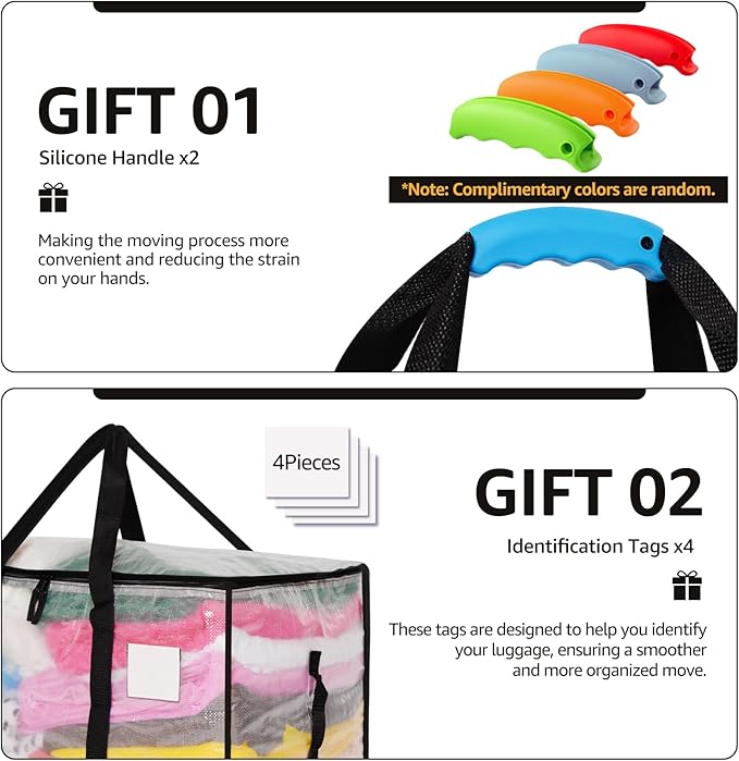 Moving Bags Heavy Duty Extra Large, Alternative for Moving Boxes & Moving Supplies,Clear Storage Bins with Lids, Plastic Packing Tote, Storage Bags for Clothes with Handles & Zippers(Clear, 4Pack)