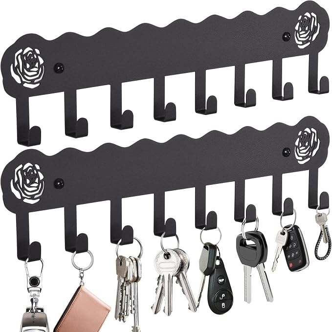 2-Pack Premium Iron Key Holder for Wall –Large Capacity & Multi-Functional | Dual Installation: Wall Mount & Adhesive, 8 Hooks Key Rack for Entryway, Kitchen, Bathroom, Office