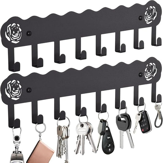 2-Pack Premium Iron Key Holder for Wall –Large Capacity & Multi-Functional | Dual Installation: Wall Mount & Adhesive, 8 Hooks Key Rack for Entryway, Kitchen, Bathroom, Office