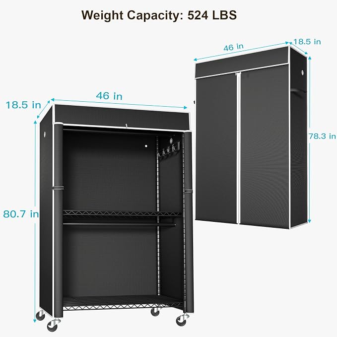 Black Clothing Rack with Black Cover, P1C Plus Rolling Closet | Metal Garment Rack with Wheels for Hanging Clothes, Portable Clothing Storage Wardrobe