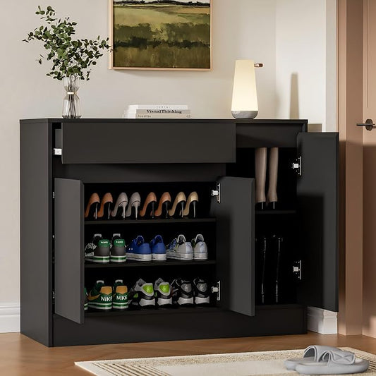 Housoul 39.4" W Shoe Storage Cabinet with 3 Doors & Drawer, Black | Freestanding Modern Shoe Cabinet with Drawer & Adjustable Shelves, Wooden Shoe Organizer Cabinet for Entryway, Hallway