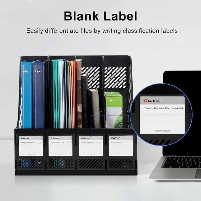 Comix Magazine File Holder 4 Compartment Desk Organizer, Black | Plastic 4 Slot Magazine File Organizer, Holds Binders, Books & Folders, Blank Label for Easy ID.