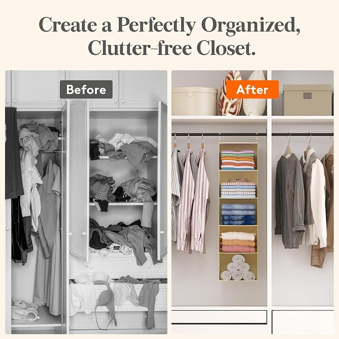 Lifewit 5 Tier Hanging Closet Storage Organizer for Shelves, Beige, 1 Pack | Foldable Clothes Shelf with 2 Sturdy Hooks, Sweater/Coat/Shoes Clothing Organization for Wardrobe, Dorm, Bedroom