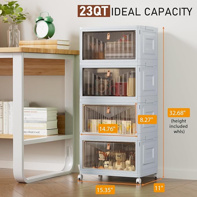 4 Tier Stackable Plastic Storage Bins with Lid and Wheels - 23 QT Closet Organizers and Storage, Foldable Storage Containers, Organization and Storage Boxes for Craft, Home, Pantry, Dorm, Grey