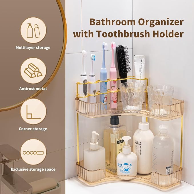 Makeup Organizer 2-Tier Bathroom Counter Organizer with Makeup Brush Holder | Corner Bathroom Organizer Countertop, Acrylic Counter Storage for Bathroom Dresser, Skincare Perfume Organizer-Amber Gold
