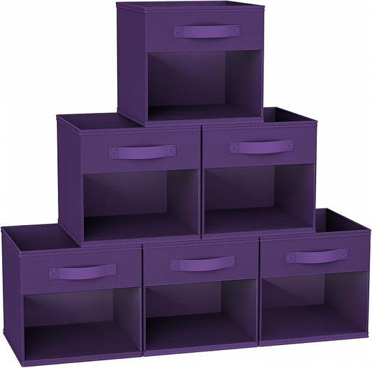 DIMJ Cube Bins, 12.2-Inch Storage Bins Cubes with Window, 6 Packs Collapsible Storage Bins with Handles, Closet Storage Baskets for Organizing Living Room, Office, 6 Pack,Purple