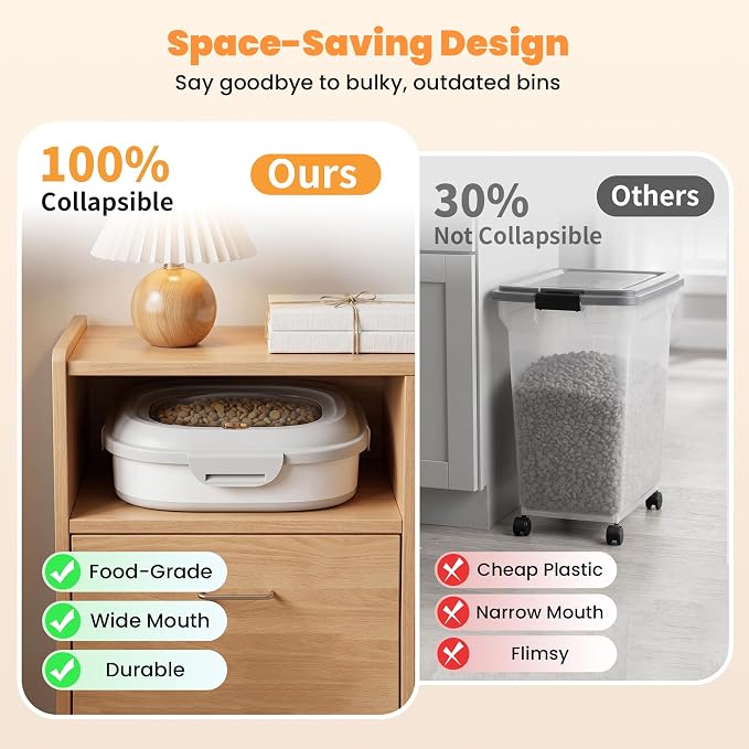 28 Lbs Dog Food Storage Container, Collapsible Cat Food Container | Airtight Pet Food Storage Containers with Wheels, Clear Window, Measuring Cup and Scoop, BPA Free for Rice, Flour, Bird Seed