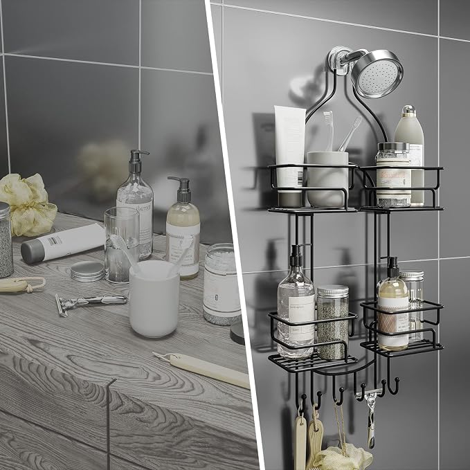 SRIWATANA Shower Caddy Hanging, Shower Organizer with Razor Hooks, Black | Rustproof Shower Rack, No Drilling Shelves Over Shower Head, Anti-Swing Scution Install, Bathroom Holder for Sponge Loofah