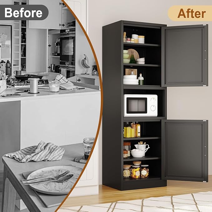 Tall Metal Narrow Bathroom Storage Cabinet 67" H, Tall Black Pantry Cabinets with 4 Adjustable Shelves and 2 Doors for Kitchen, Home Office, Living Room, Dining Room(16 inches Wide)