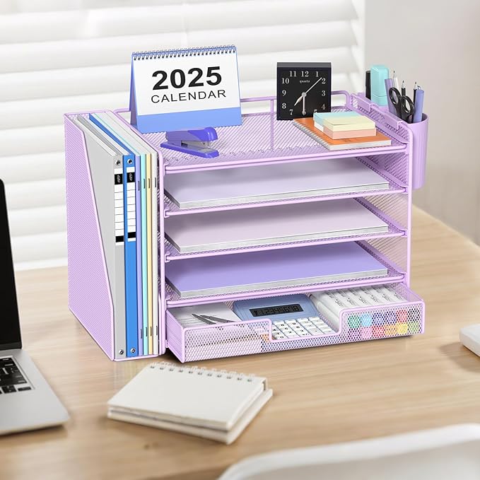 OPNICE Desk Organizer, 5-Tier Desktop File Organizer with Drawer and Pen Holders, Office Desk Accessories, File Sorters, Workspace Organizers for Office Supplies(Purple)