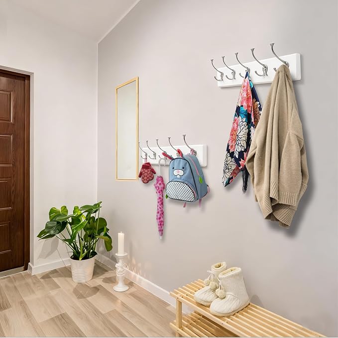 IBosins 2 Pack White Coat Rack Wall Mount, 17" Long with 5 Tri-Hooks | Wall Mounted Heavy Duty Metal Coat Hook Rail for Entryway, Closet, Bathroom, Coat, Jacket, Scarf, Towel, Hat