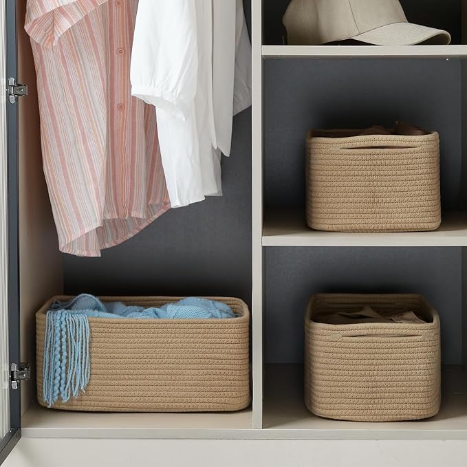 3-Pack Storage Baskets for Organizing | Woven Shelf Toy Basket | Rope Baskets for Gifts Empty | Closet Organizer Bins with Handles | Cube Decorative Box | 13.7×7.1×6.7” | Brown
