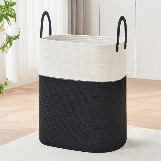 AINUOQI Laundry Basket with Handles - Blanket Basket & Hampers for Bedroom Aesthetic, Laundry Hamper & Blanket Storage for Living Room, Clothes Hamper, Tall, Large 17" x 14" x 25”, White & Black
