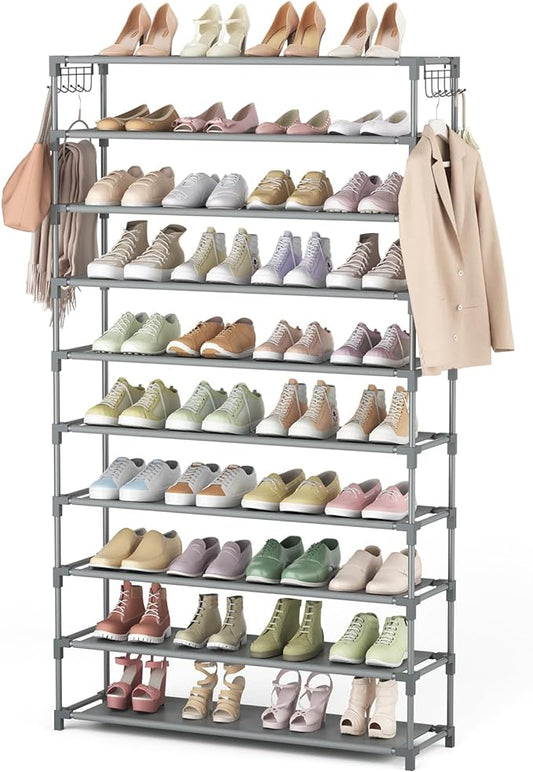 LANTEFUL 10 Tiers Shoe Rack 50 Pairs Large Capacity Tall Shoe Organizer Sturdy Shoe Storage with Two Hooks Space Saving Metal Wide Shoe Rack for Closet, Entryway, Bedroom, Grey