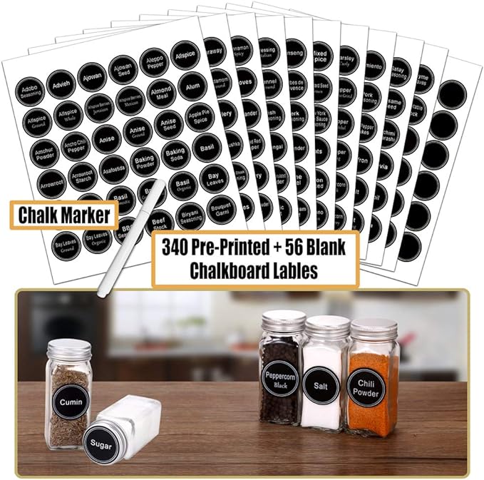 SWOMMOLY Spice Rack Organizer with 72 Spice Jars 4 oz, 396 Spice Labels | Chalk Marker, Funnel Set, Spice Organizer for Countertop, Pantry, Cabinet, Cupboard & Wall Mount, 22.2" W × 16.5" H, Black