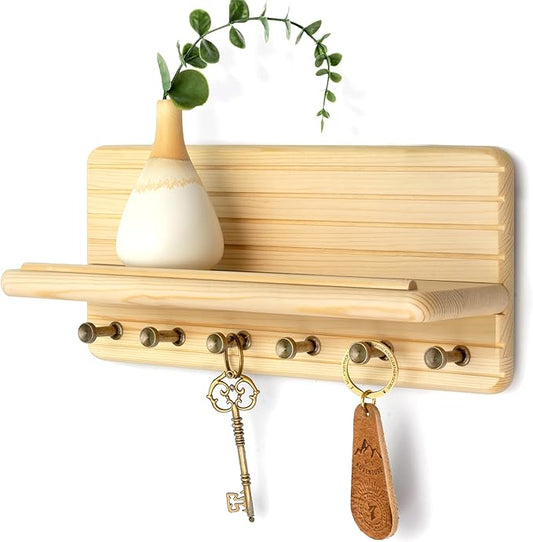Rebee Vision Key Holder Wall Mount with Shelf for Entryway, Natural Wood | Pine Wood, 6 Sturdy Hooks, Key Holder for Wall, Chic Functional Storage, Decorative Home Accent, Space-Saving Design