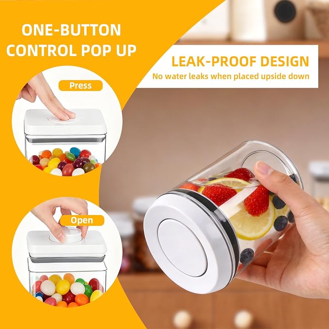 Pop Push Button Airtight Food Storage Containers 12 Pack | 4 Sizes: 0.65/0.7/1.8/2.4Qt, BPA-Free Clear Canisters for Pantry, Pasta, Cereal, Snacks, Coffee, Pet Food, Fridge