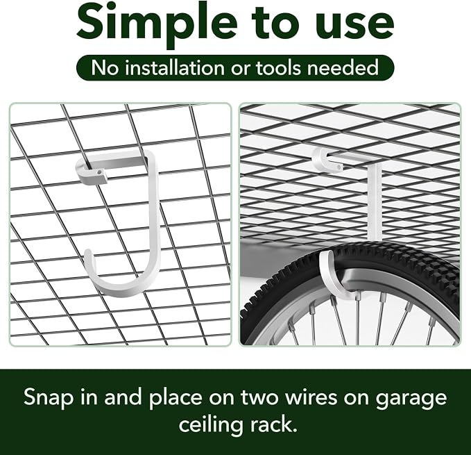 Thickened Hooks for Overhead Storage Racks,Garage Hooks for Ceiling,Add-On Storage Hook for Garage Ceiling Rack Wall Shelving,Heavy Duty Hanging Bike Hooks, Bike Hangers Bicycle Hooks 4 Pack, White