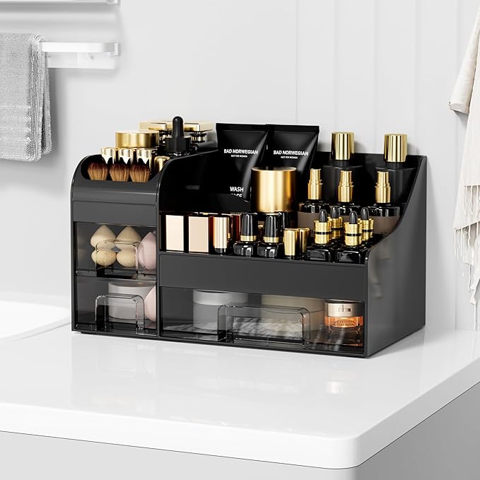 Extra Large Makeup Organizer for Vanity,Countertop Organizer with Drawers and Brush Holder,Men’s Cologne Organizer for Bathroom,Cosmetic Skin Storage for Lipsticks,Nail Polish & Shaving Lotion,Black