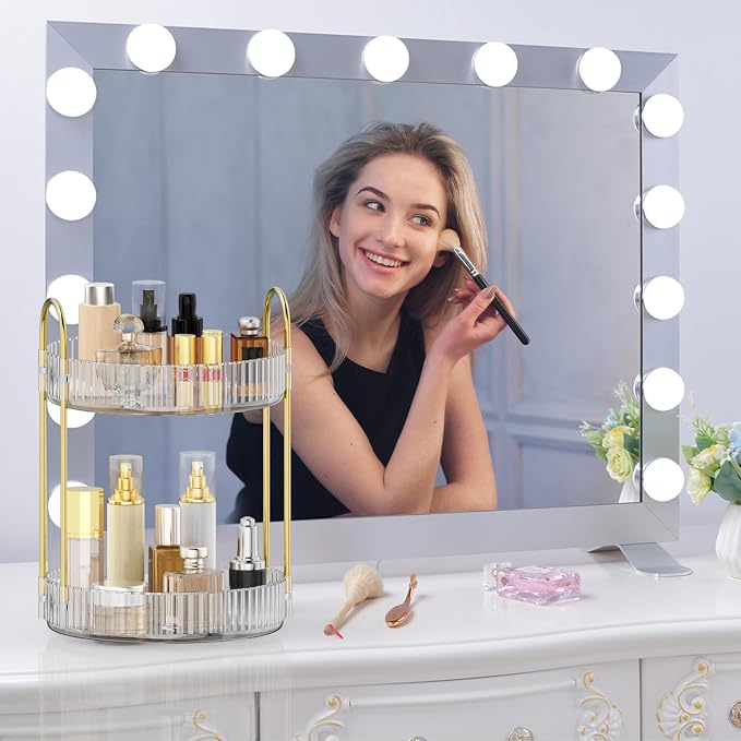 MOKANI 360 Rotating Makeup Organizer for Vanity, 2 Tier Perfume Organizer | Adjustable Multi-Function Spinning Cosmetics Skincare Storage for Bedroom, Dresser, Countertop, Clear