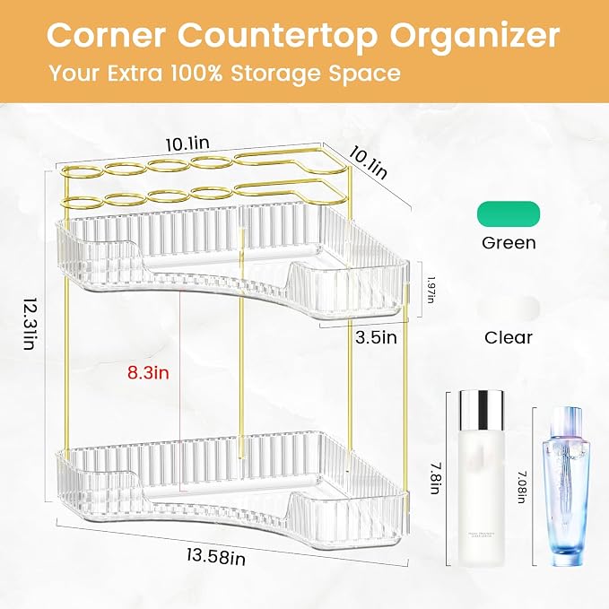 Makeup Organizer 2-Tier Bathroom Counter Organizer with Makeup Brush Holder | Corner Bathroom Organizer Countertop, Acrylic Counter Storage for Bathroom Dresser, Skincare Perfume Organizer-Clear